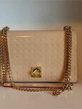 Arcadia Patent Leather Chain Shoulder Bag in nude cream with Gold Hardware